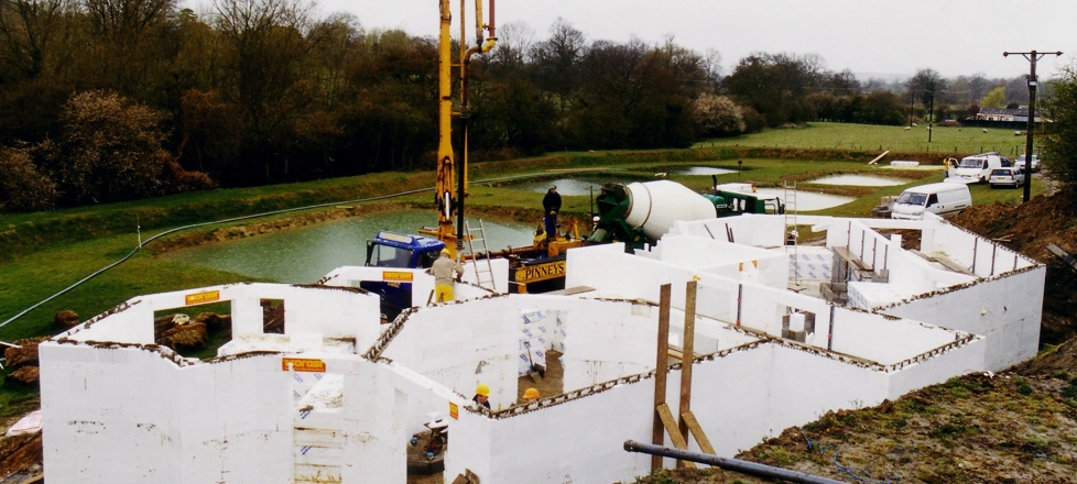 An earth sheltered house under construction using the Wallform 250 insulated concrete formwork system