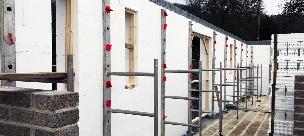 BecoWallform Alignment and Prop Support frames supporting the Wallform insulated concrete formwork system